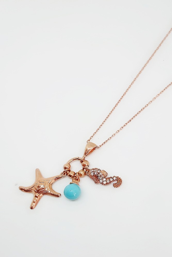 DENİZ YILDIZI VE DENİZATI MAVİ BONCUKLU KOLYE