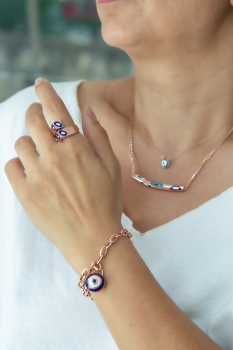 YARIM KÜP MİNELİ NAZAR YÜZÜK (ROSE)